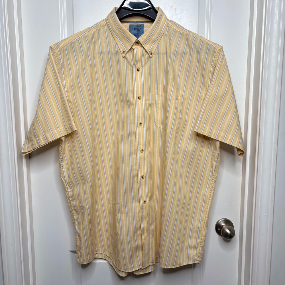 LL Bean Button Down Shirt Cotton Mens 2X Regular Yellow Blue Stripe Short Sleeve